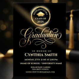 Black & Gold Graduation Invitation | Class of 2026 Inbjudningar