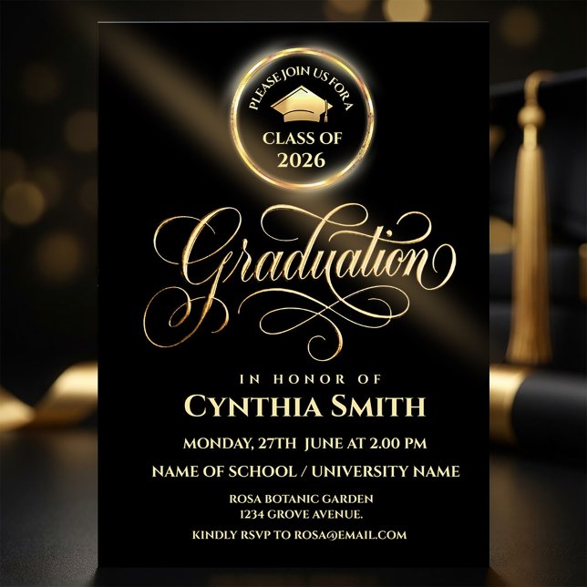 Black & Gold Graduation Invitation | Class of 2026 Inbjudningar (#GraduationInvitation#ClassOf2026#GraduationParty#GraduationDesign#BlackAndGold#LuxuryInvitatio)