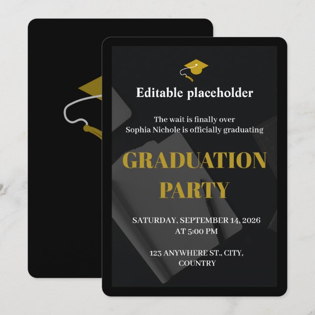 Black Gold Graduation Party Editable Invitation Inbjudningar (Fram/baksida)