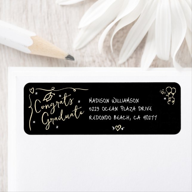 Black Gold Hand Drawn Doodle Graduation Address Returadress Etikett (Insitu)