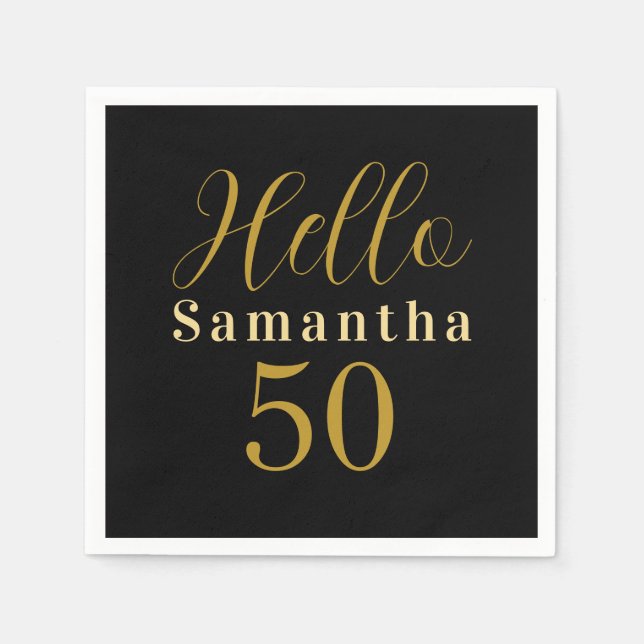 Black Gold Hello 50 Personalized 50th Birthday Pappersservett (Framsidan)