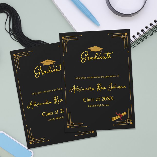 Black & Gold High School Graduation Announcement Inbjudningar (Black & Gold High School Graduation Announcement | Elegant Art Deco Graduate Card)