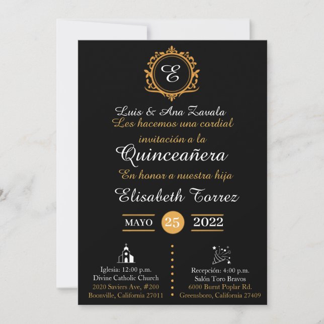 Black gold invitations for quinceañera elegante  (Framsida)