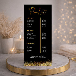 Black & Gold Lash Tech Price List | Luxury Beauty Reklamkort