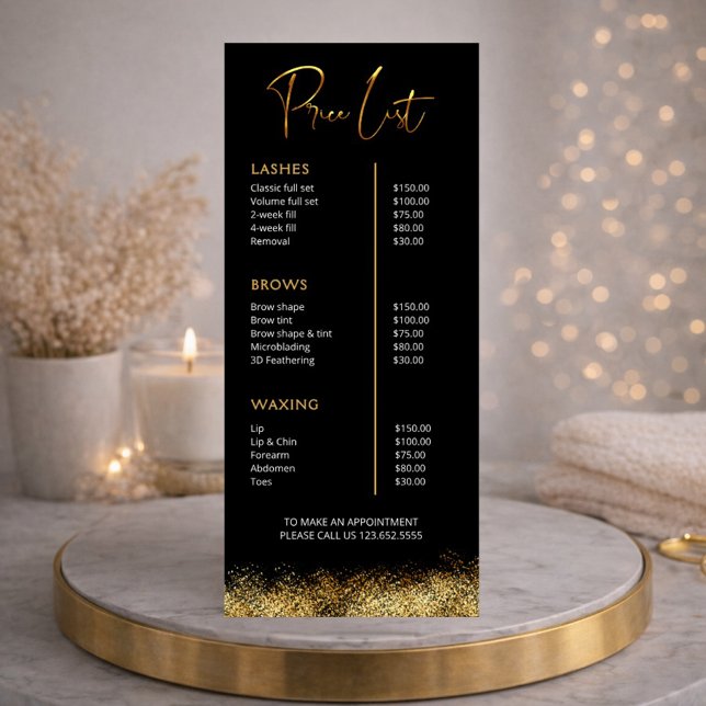Black & Gold Lash Tech Price List | Luxury Beauty  Reklamkort (Skapare uppladdad)