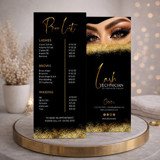 Black & Gold Lash Tech Price List | Luxury Beauty Reklamkort