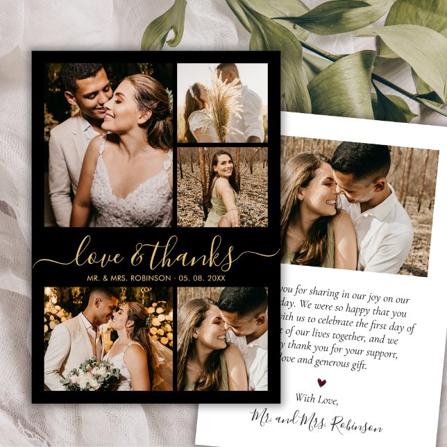 Black Gold Love and Thanks Photo Collage Wedding Tack Kort (Skapare uppladdad)