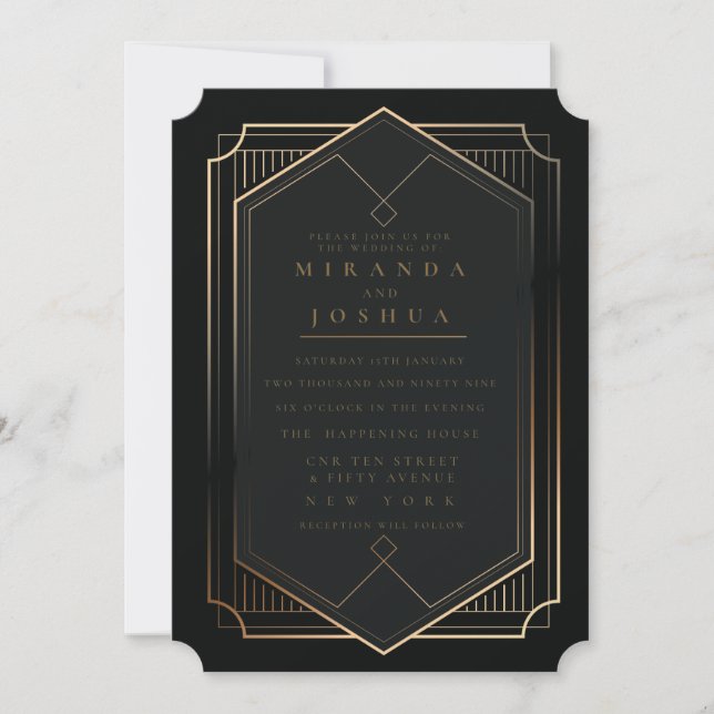 Black Gold Luxury Elegant Art Deco Wedding Inbjudningar (Framsida)