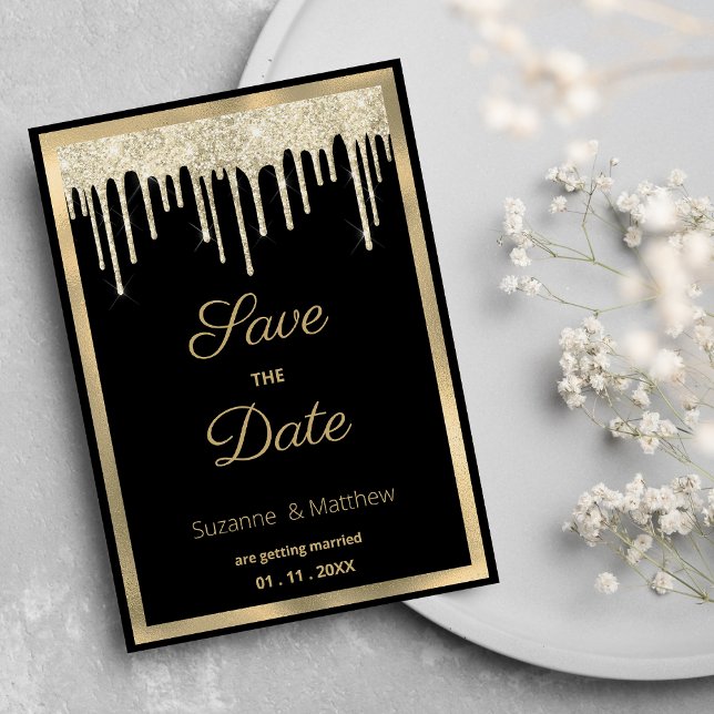 Black gold luxury glitter drips Save the Date Inbjudningar (Black gold luxury glitter drips Save the Date )