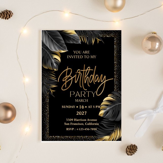 Black Gold Luxury Tropical Leaf Happy Birthday Inbjudningar (Skapare uppladdad)