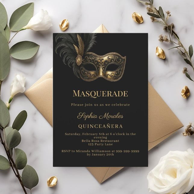 Black gold Masquerade Quinceanera Inbjudningar (Skapare uppladdad)
