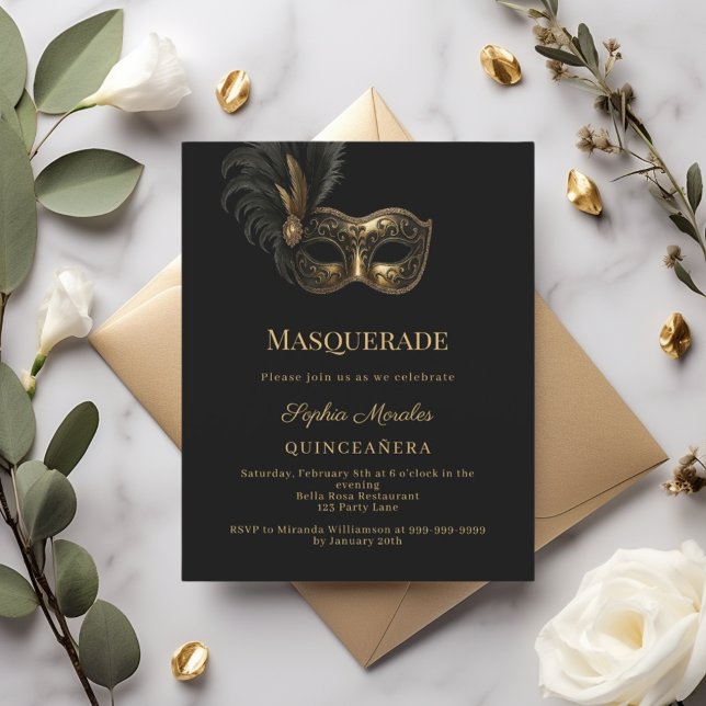 Black gold Masquerade Quinceanera invitation (Skapare uppladdad)