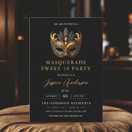 Black Gold Masquerade Sweet 16 Birthday Party Inbjudningar