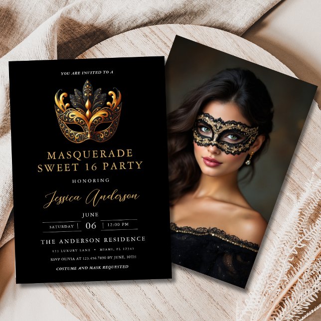Black Gold Masquerade Sweet 16 Photo Birthday Inbjudningar (Skapare uppladdad)