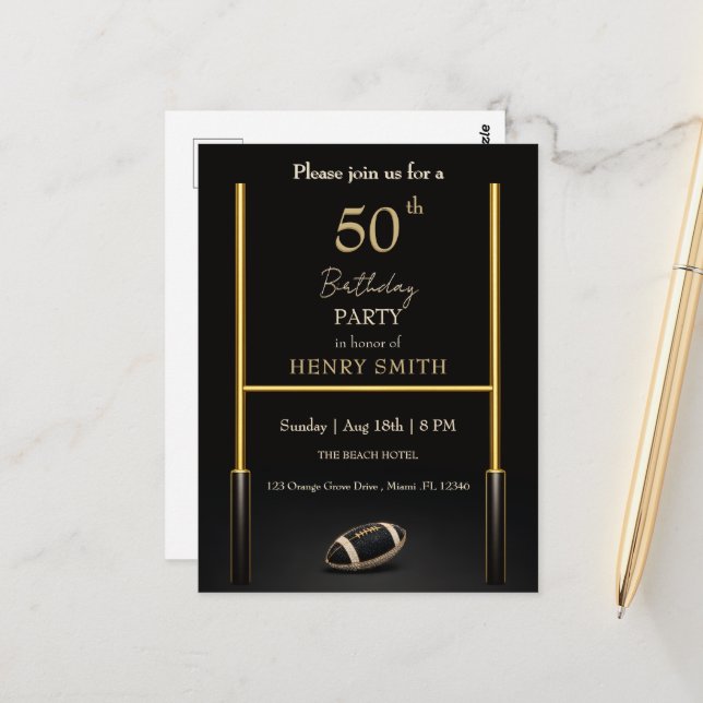 Black & Gold Men's Birthday Invitation Vykort (Fram/Back In Situ)
