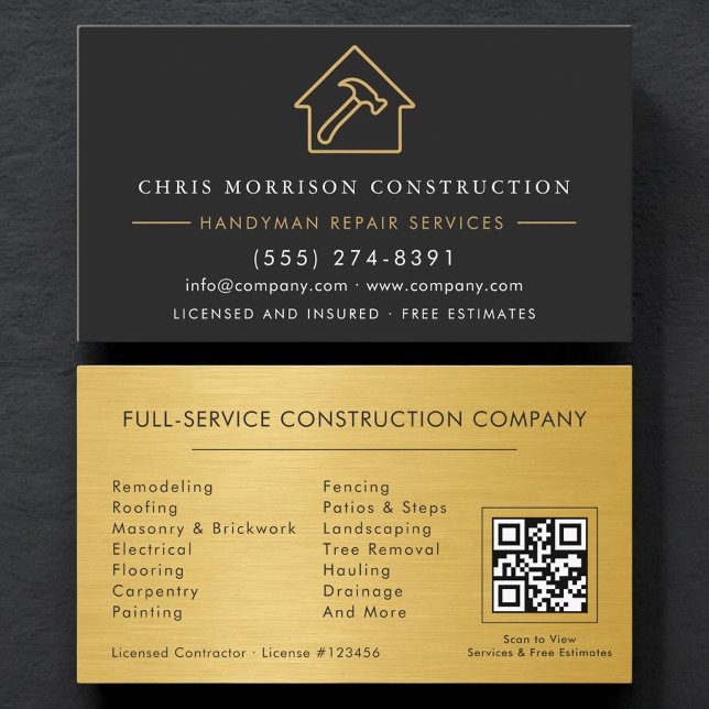 Black Gold Metal Handyman QR Code Construction  Visitkort (Skapare uppladdad)