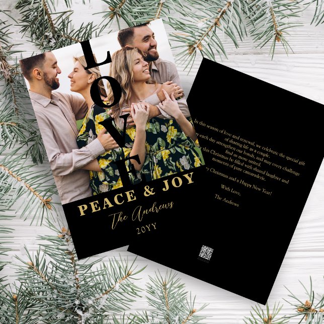 Black & Gold  Minimalist 2 Vertical Photos Xmas Julkort (Elegant Black & Faux Gold Minimalist 2 Vertical Photos Christmas Holiday Card with Envelope. )