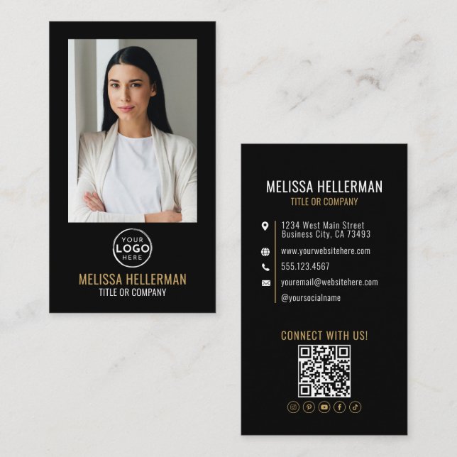 Black Gold Minimalist Photo QR Code Logo Visitkort (Fram/baksida)