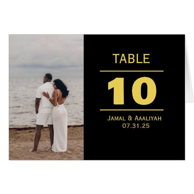 Black & Gold Modern Wedding Table Number Card OBS Kort (Framsidan Horizontal)