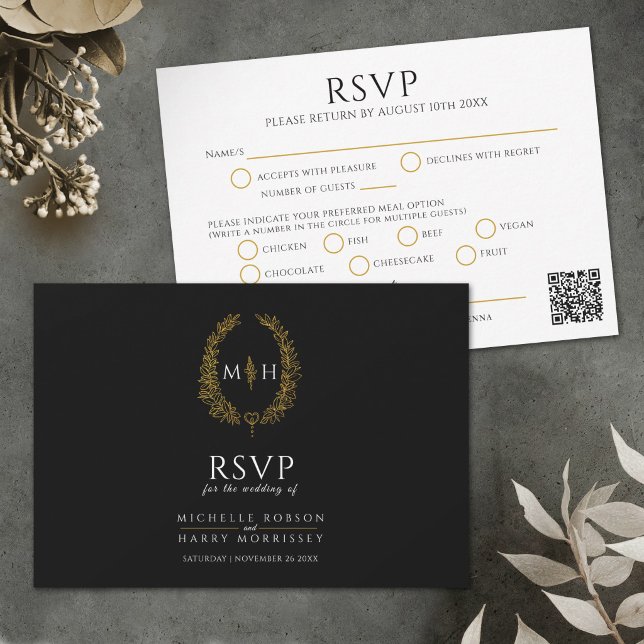 Black gold monogram meal option wedding QR code OSA Kort (Skapare uppladdad)