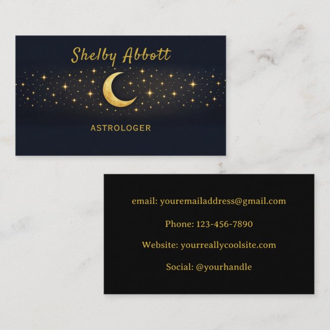 Black & Gold Moon and Stars Business Card Visitkort (Fram/baksida)