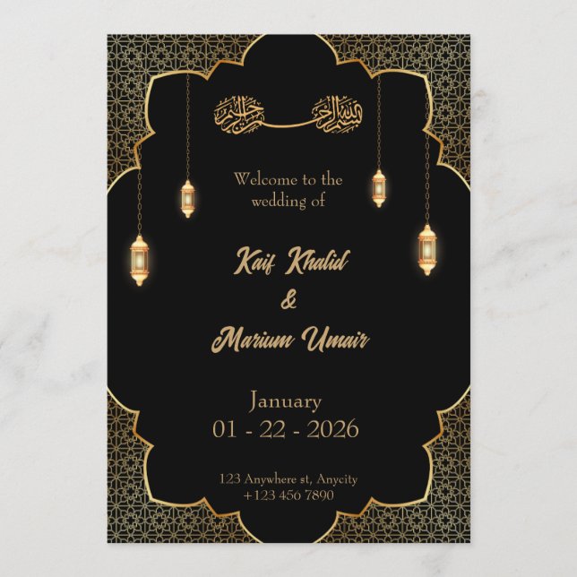 Black & Gold Muslim wedding invitation Editable Inbjudningar (Framsida)