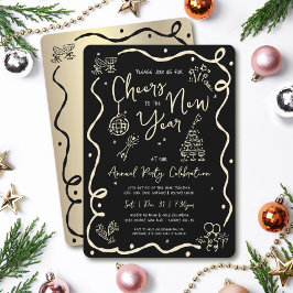 Black Gold New Year Cheer Hand Drawn Sketch Party Inbjudningar