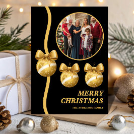 Black & Gold Ornaments Family Christmas Photo Julkort