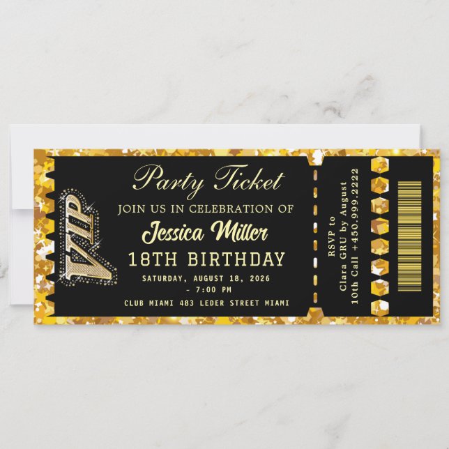 Black & Gold Party Ticket Inbjudningar (Framsida)