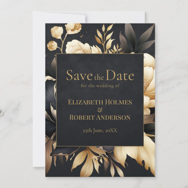 Black & Gold Peony Gothic Save the Date Inbjudningar (Framsida)