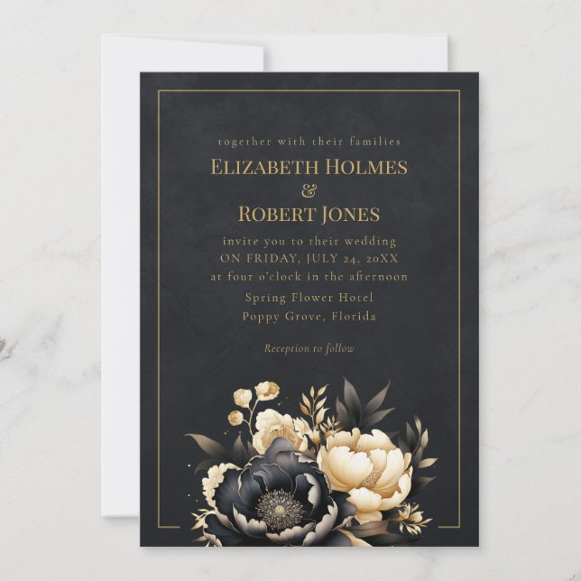 Black & Gold Peony Gothic Wedding Invitation Inbjudningar (Framsida)