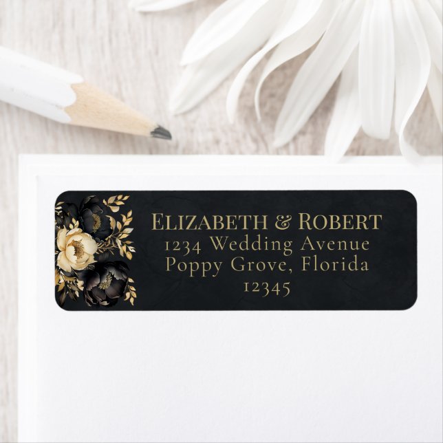 Black & Gold Peony Wedding Address Labels Returadress Etikett (Insitu)
