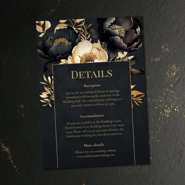 Black & Gold Peony Wedding Details Card Inbjudningar (Black & Gold Peony Wedding Details Card on a dark vintage wedding table)
