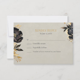 Black & Gold Peony Wedding RSVP Card OSA Kort