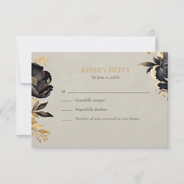Black & Gold Peony Wedding RSVP Card OSA Kort (Framsida)