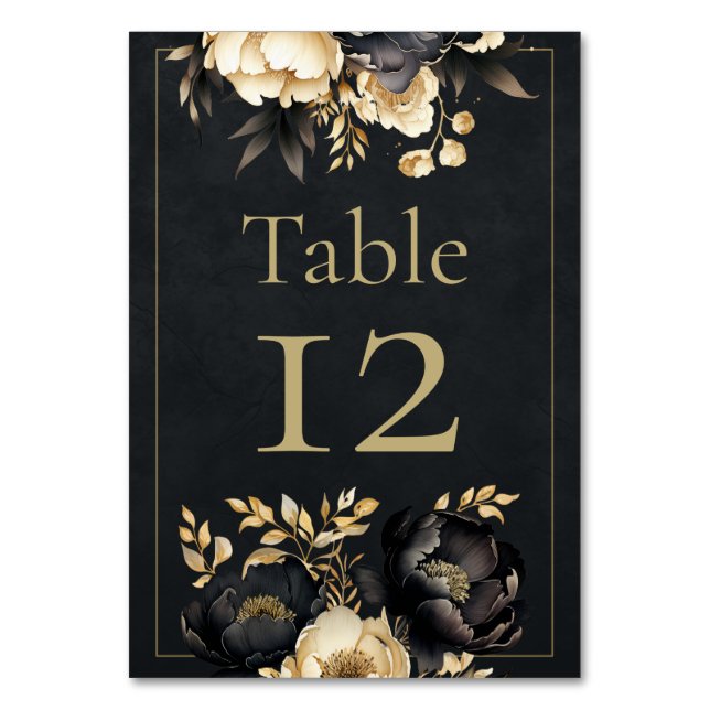 Black & Gold Peony Wedding Table Number Bordsnummer (Framsidan)
