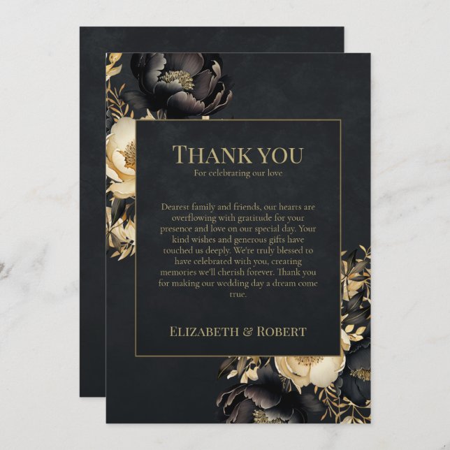 Black & Gold Peony Wedding Thank You Card Tack Kort (Fram/baksida)