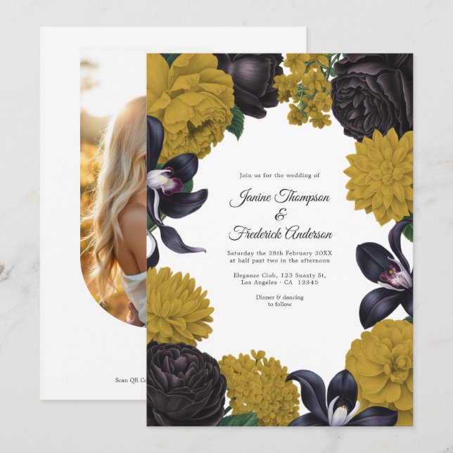 Black & Gold Photo/QR Code Floral Wedding Inbjudningar (Fram/baksida)