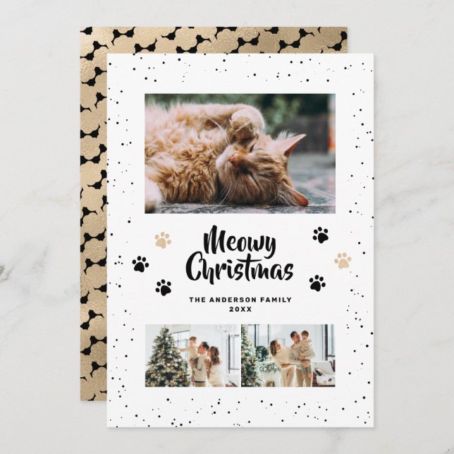 Black Gold Photo Snow Paws Meowy Christmas Card Julkort (Fram/baksida)