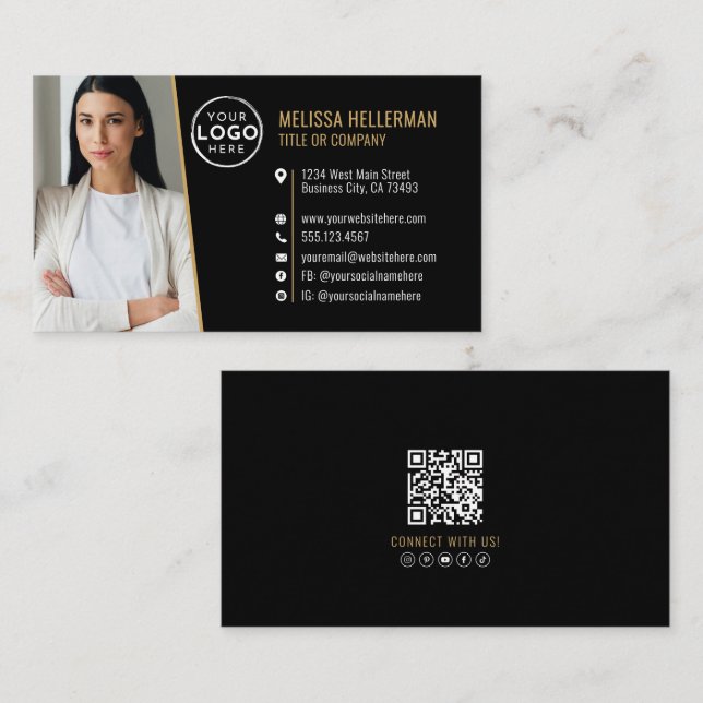 Black Gold Professional QR Code Photo Logo Visitkort (Fram/baksida)