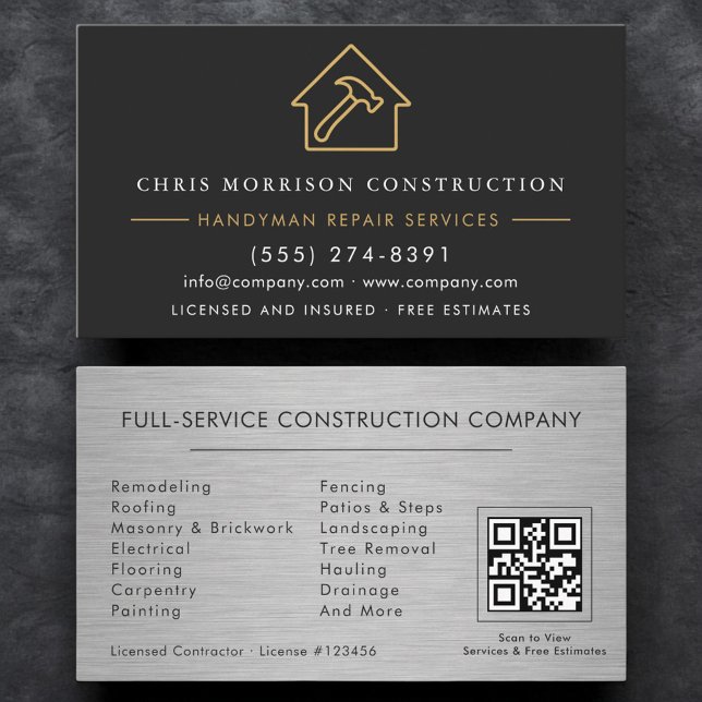 Black Gold QR Code Metal Handyman Construction  Visitkort (Skapare uppladdad)