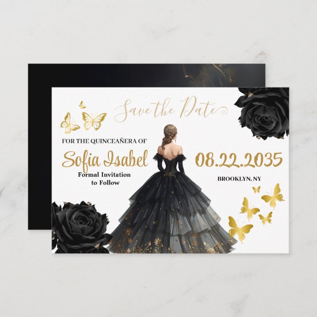 Black & Gold Quinceañera Save the Date Card Spara Datumet (Fram/baksida)