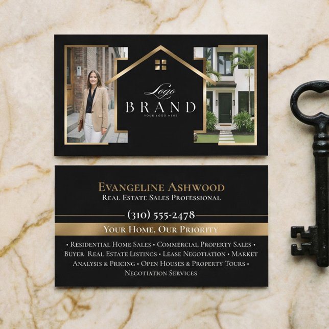Black Gold Real Estate Agent Photo Custom Logo Visitkort (Black Gold Real Estate Agent Photo Custom Logo Business Card)