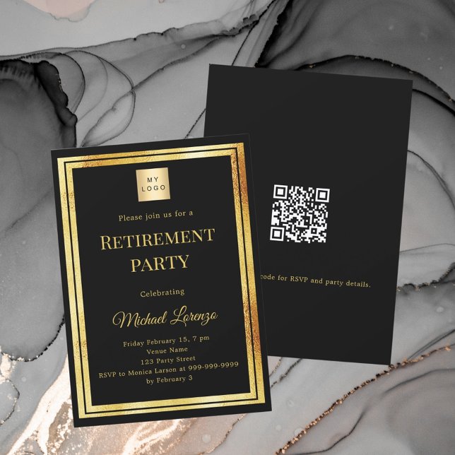 Black gold retirement party QR code business logo Inbjudningar (Skapare uppladdad)