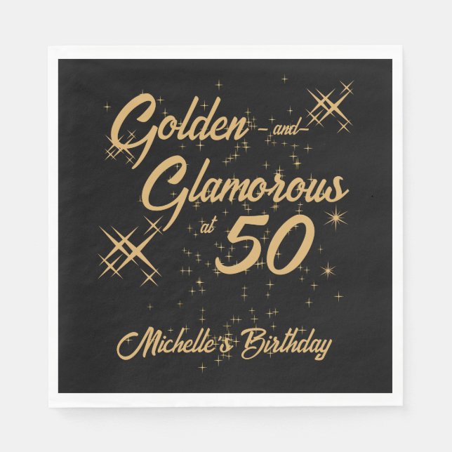 Black Gold Retro Golden Glamorous 50th Birthday Pappersservett (Framsidan)