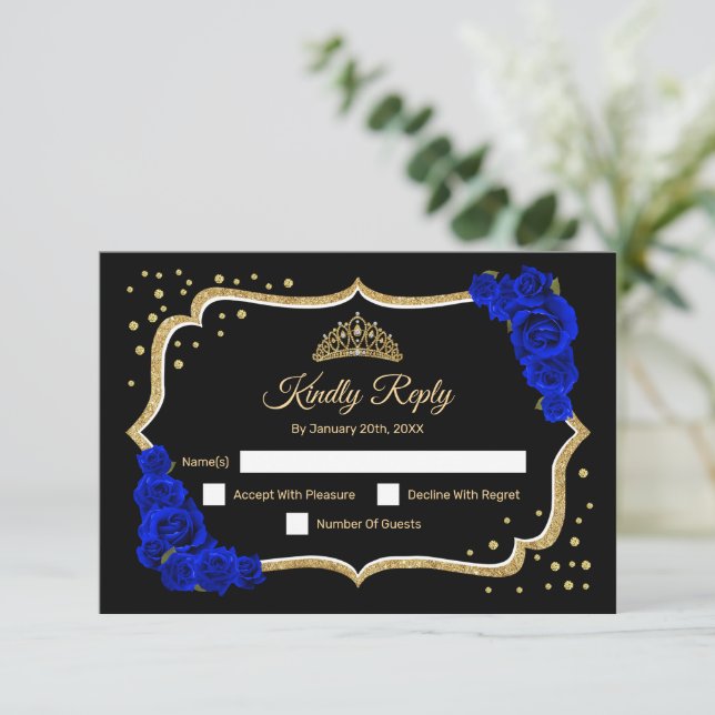 Black Gold Royal Blue Quinceanera OSA Kort (Stående Fram)
