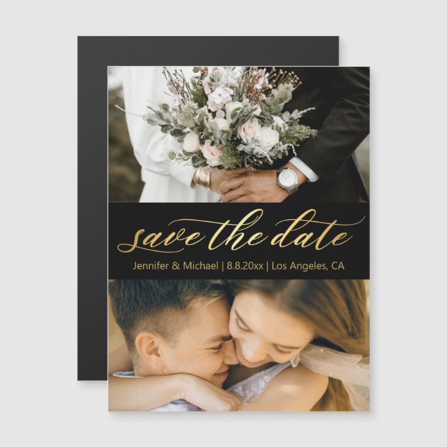 black gold script 2 photos save the date magnet (Fram/baksida)