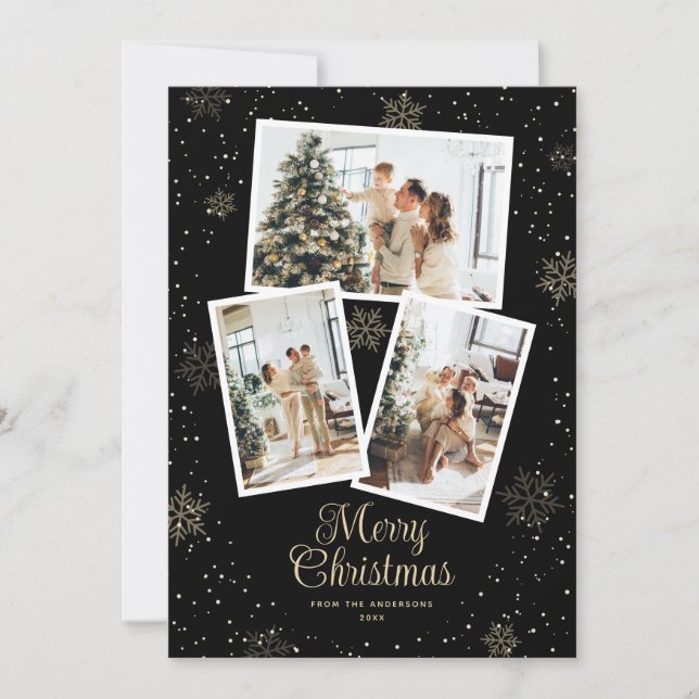 Black Gold Snowflake Photo Merry Christmas Card Julkort (Framsida)