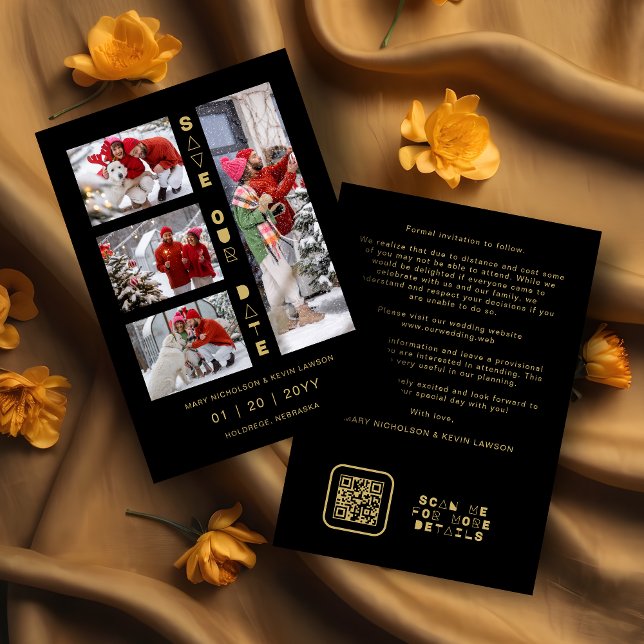 Black & Gold Sophisticated 4 Multi-Photos Collage Spara Datumet (Black & Faux Gold Sophisticated 4 Multi-Photos Collage Whimsical Script Save the Date Card.)