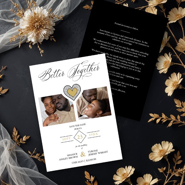 Black & Gold Sophisticated Better Together Quote Spara Datumet (Sophisticated Better Together Quote Black Fake Gold and Fake Lace Effect Heart 2 Photos Collage.)